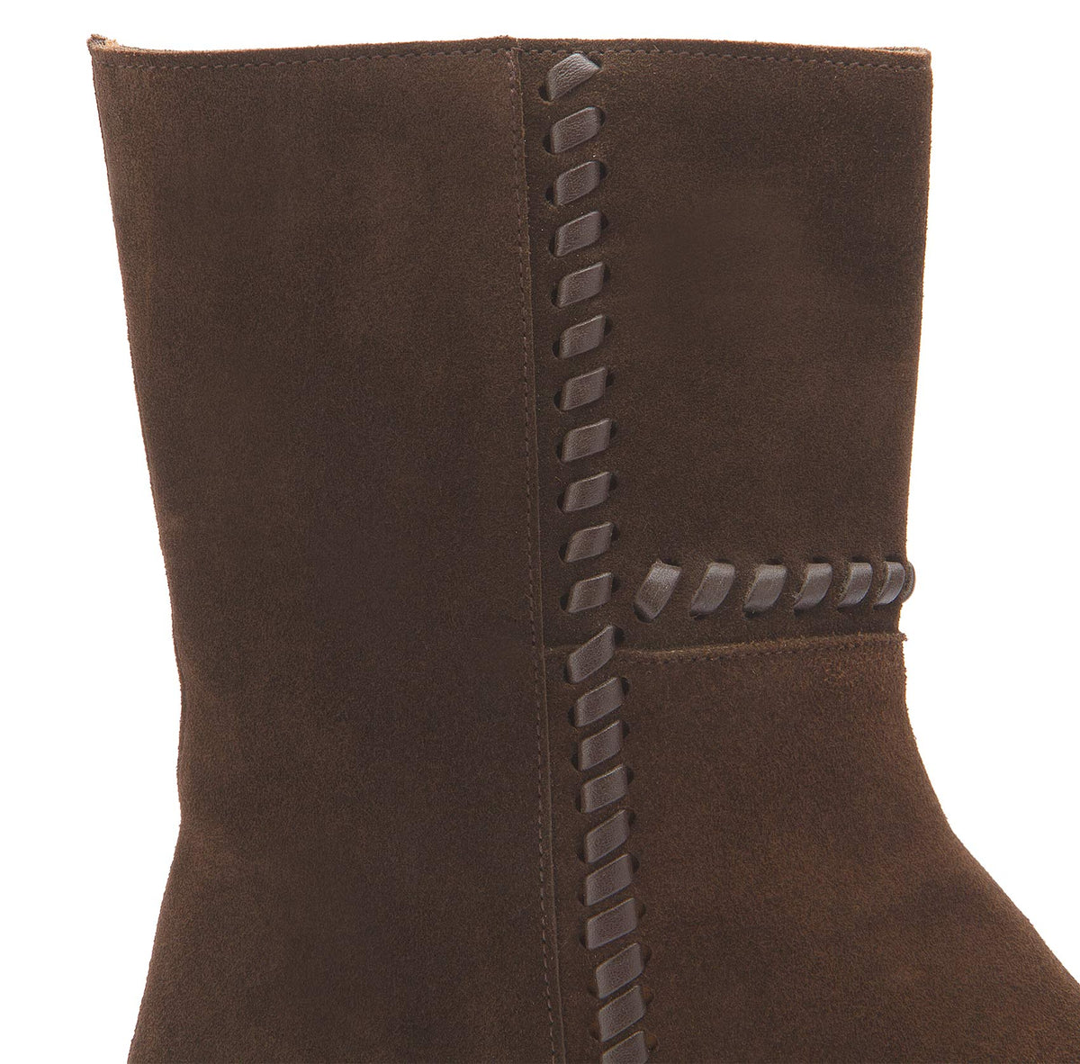 Stiefelette Dunkelbraun Rauhleder Flechtdetail – Detail Reißverschluss