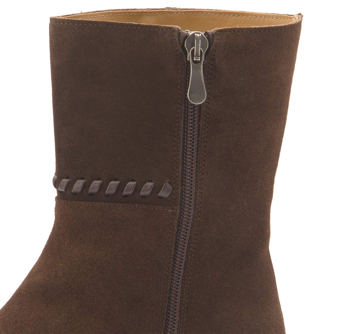 Stiefelette Dunkelbraun Rauhleder Flechtdetail – Detail Absatz