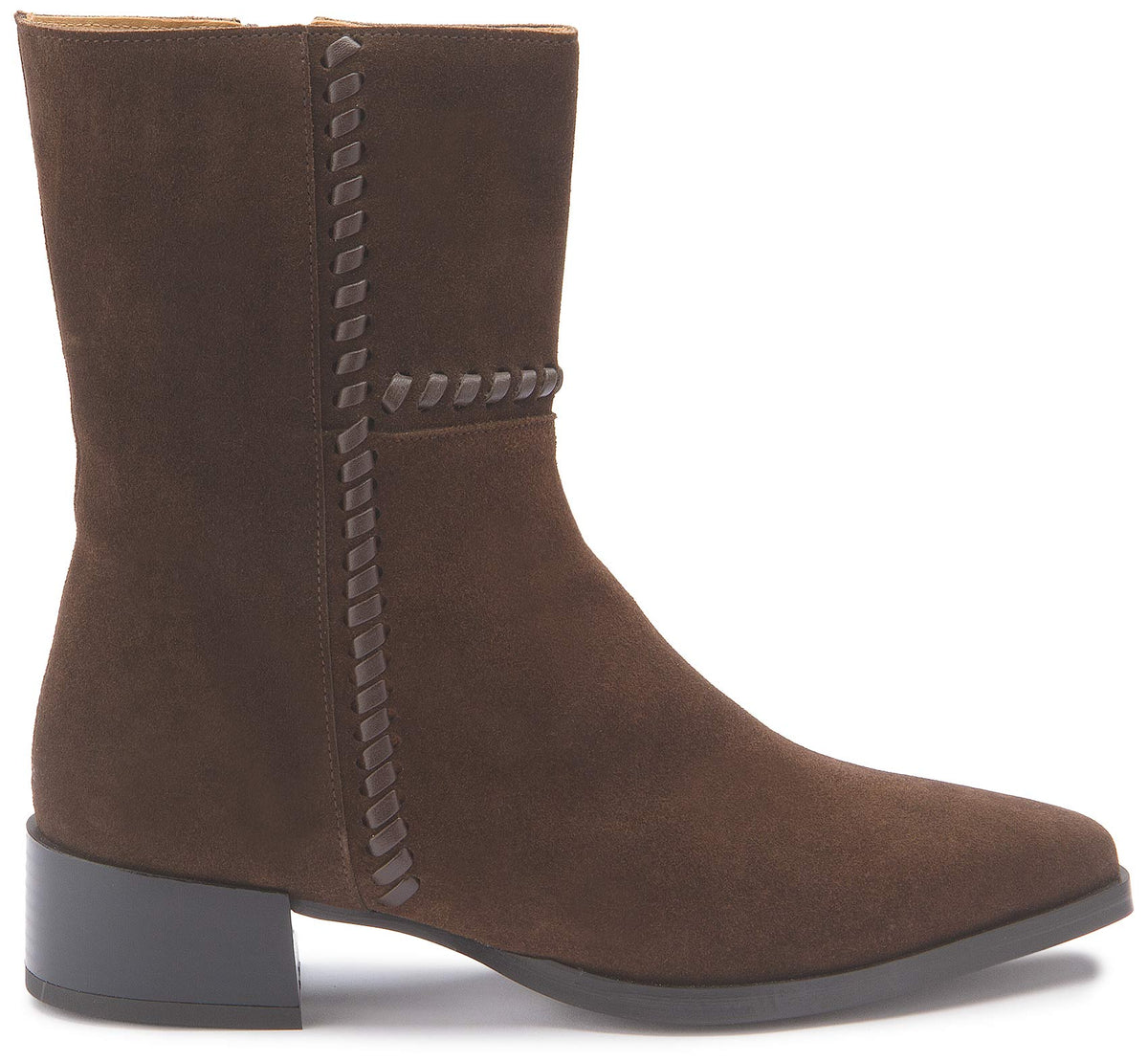 Stiefelette Dunkelbraun Rauhleder Flechtdetail – Seitenansicht
