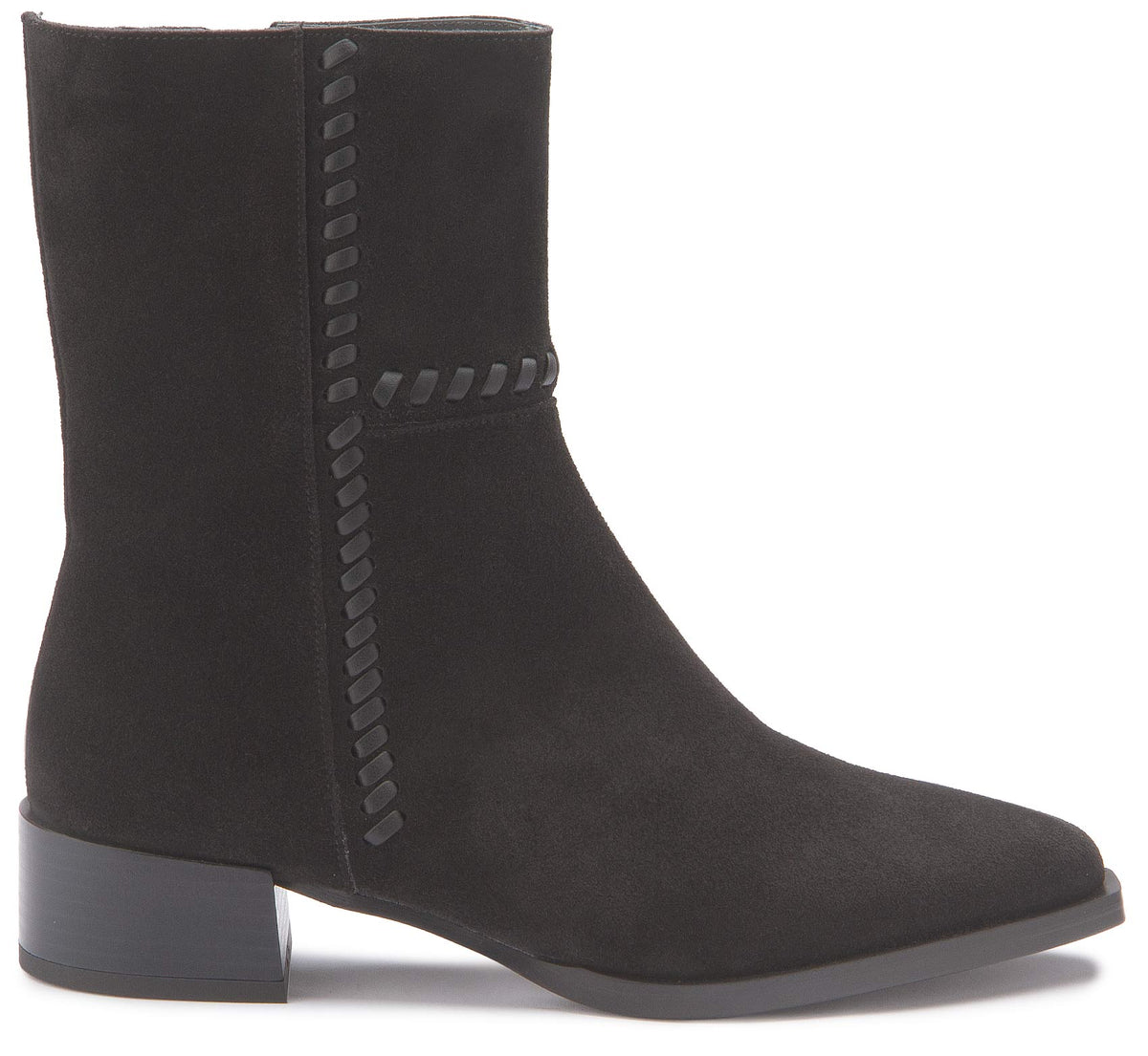 Stiefelette Schwarz Rauhleder Flechtdetail – Seitenansicht