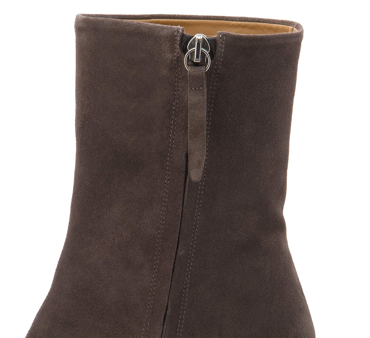Stiefelette in Taupe Rauhleder mit Blockabsatz – Detail Reißverschluss