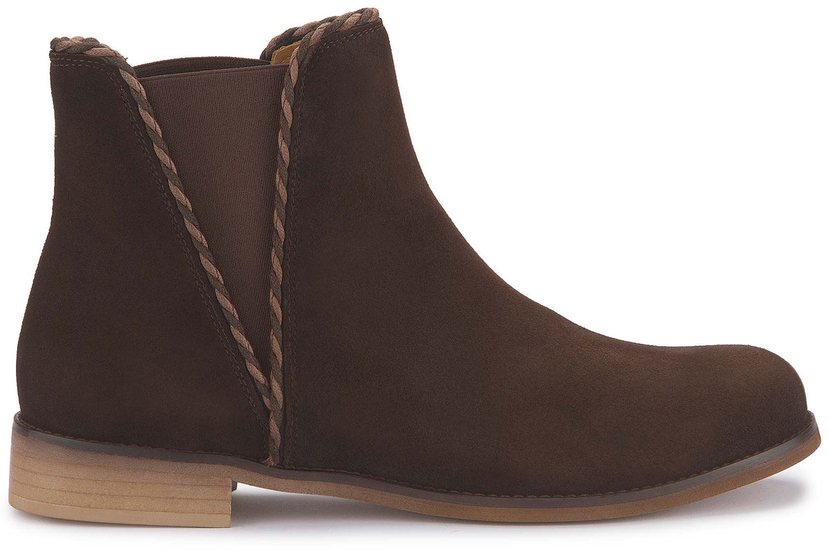 Stiefeletten in Dunkelbraun Rauhleder mit Flechtbesatz, Seitenansicht, Artikel 2609-26