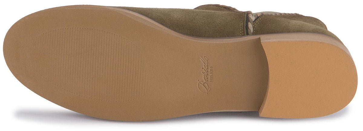 Stiefeletten in Khaki Rauhleder mit Flechtbesatz, Sohlenansicht, Artikel 2610-26