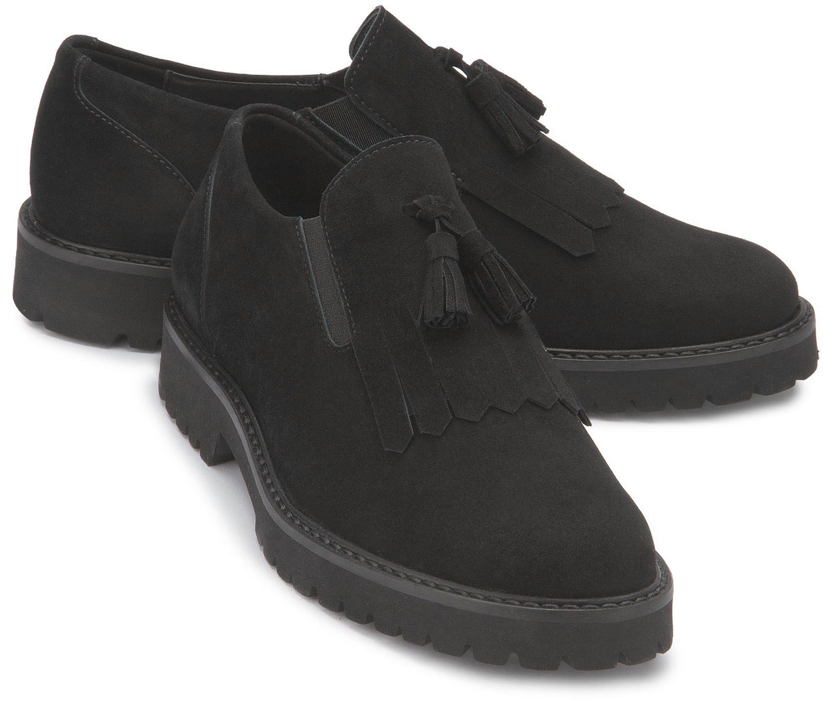 Schwarze Slipper mit Quasten und kräftiger Profilsohle, Paaransicht