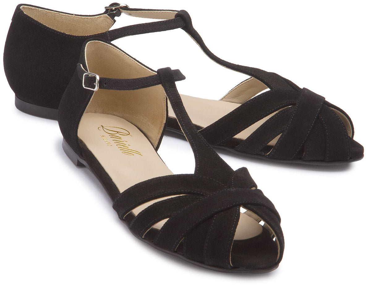 Schwarze Sandalen mit T-Steg und überkreuzten Riemen, Paaransicht