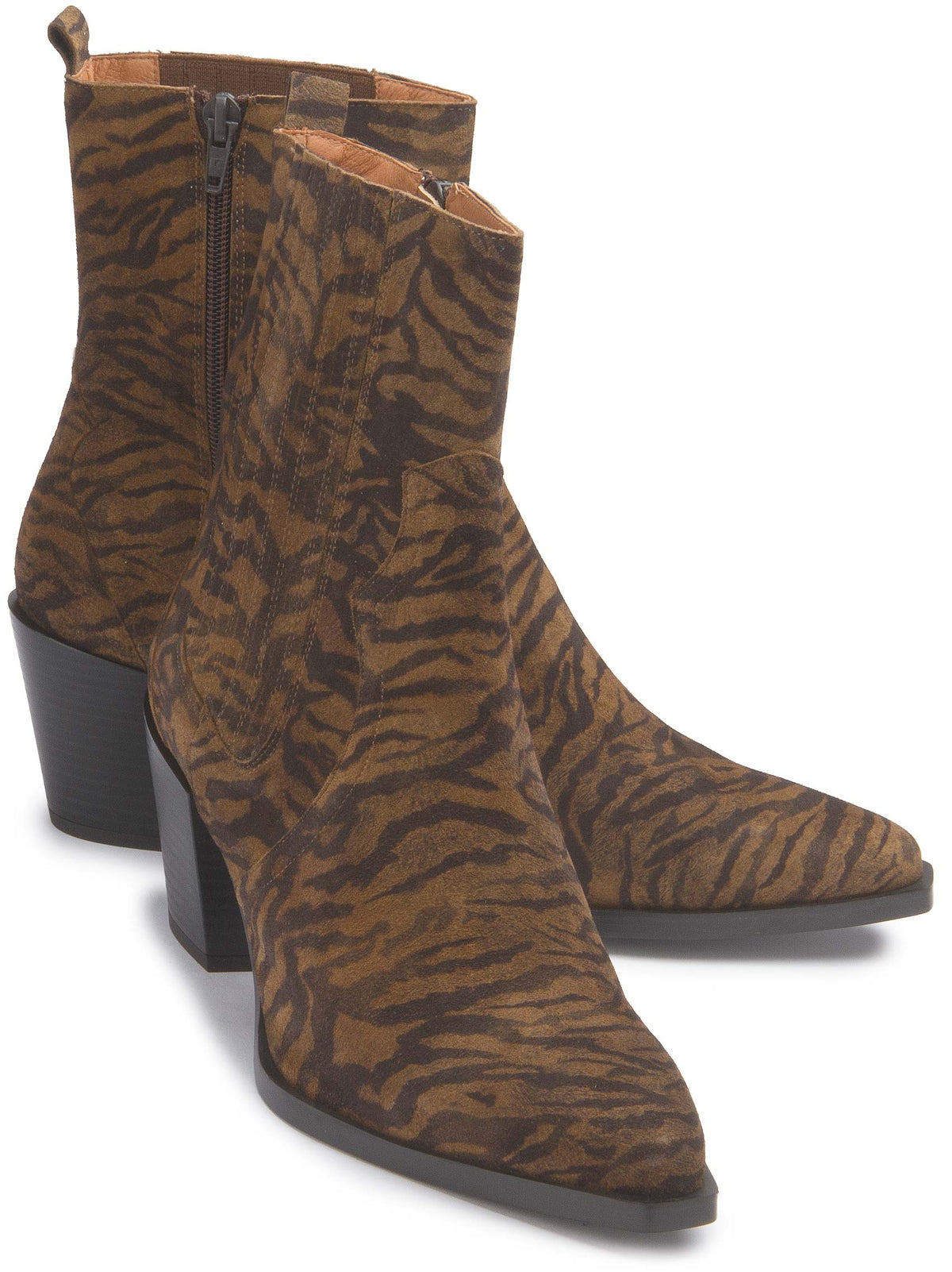 Braune Stiefeletten mit Animalprint und Blockabsatz, Paaransicht