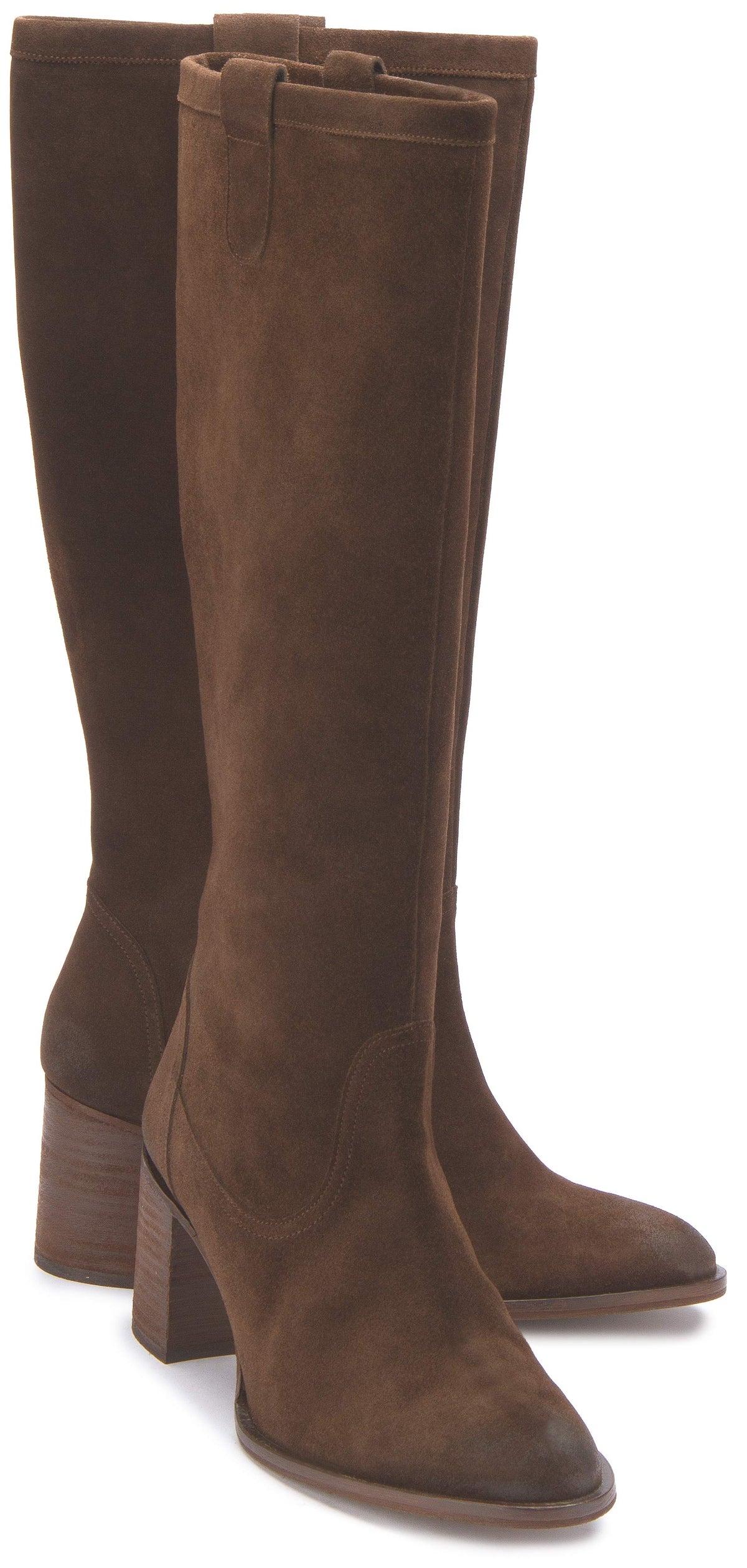 Braune Rauhleder-Stiefel mit hohem Schaft und Blockabsatz, Paaransicht
