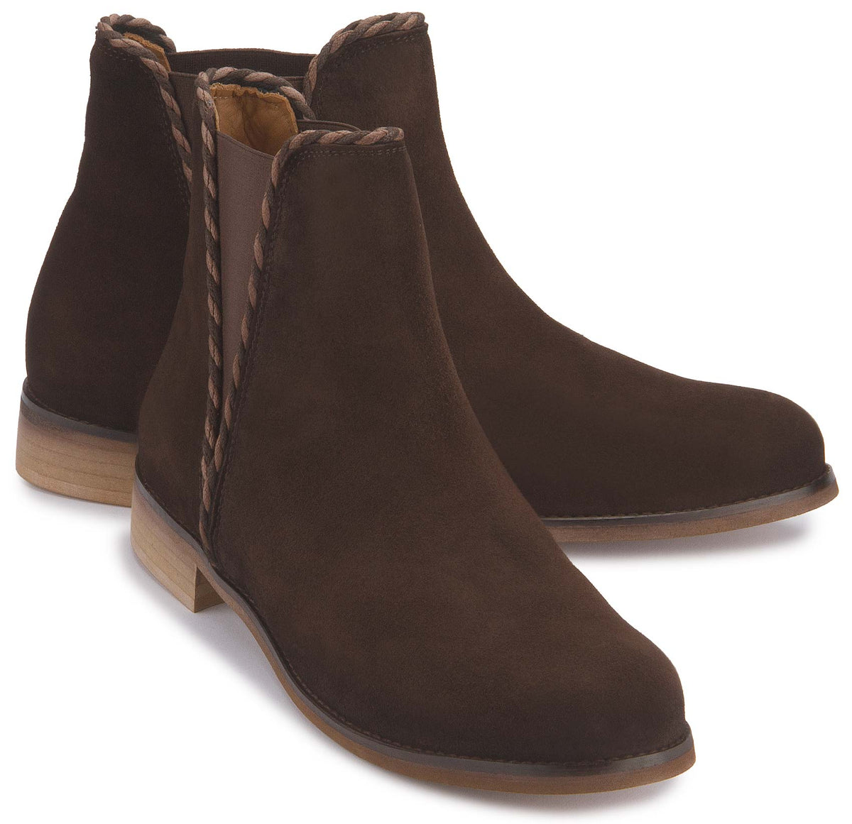 Stiefeletten in Dunkelbraun Rauhleder mit Flechtbesatz, Paaransicht, Artikel 2609-26