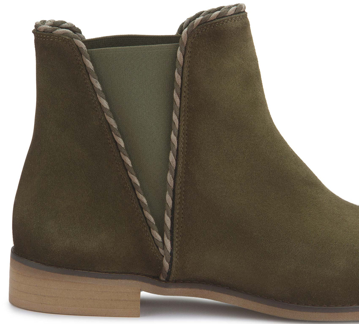 Stiefeletten in Khaki Rauhleder mit Flechtbesatz, Detailansicht, Artikel 2610-26