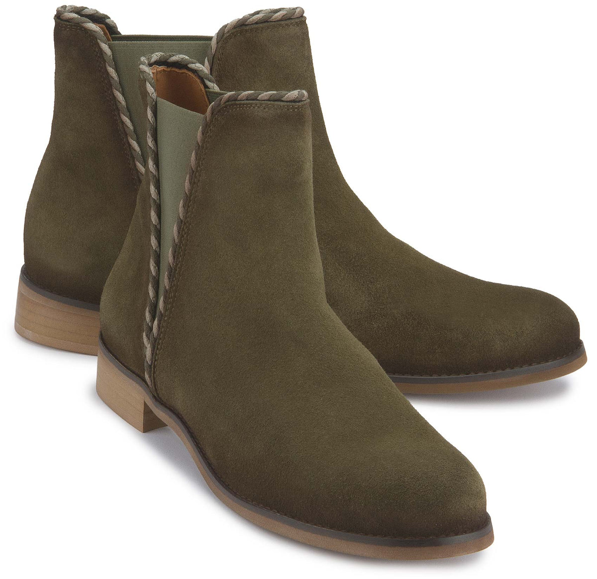 Stiefeletten in Khaki Rauhleder mit Flechtbesatz, Paaransicht, Artikel 2610-26