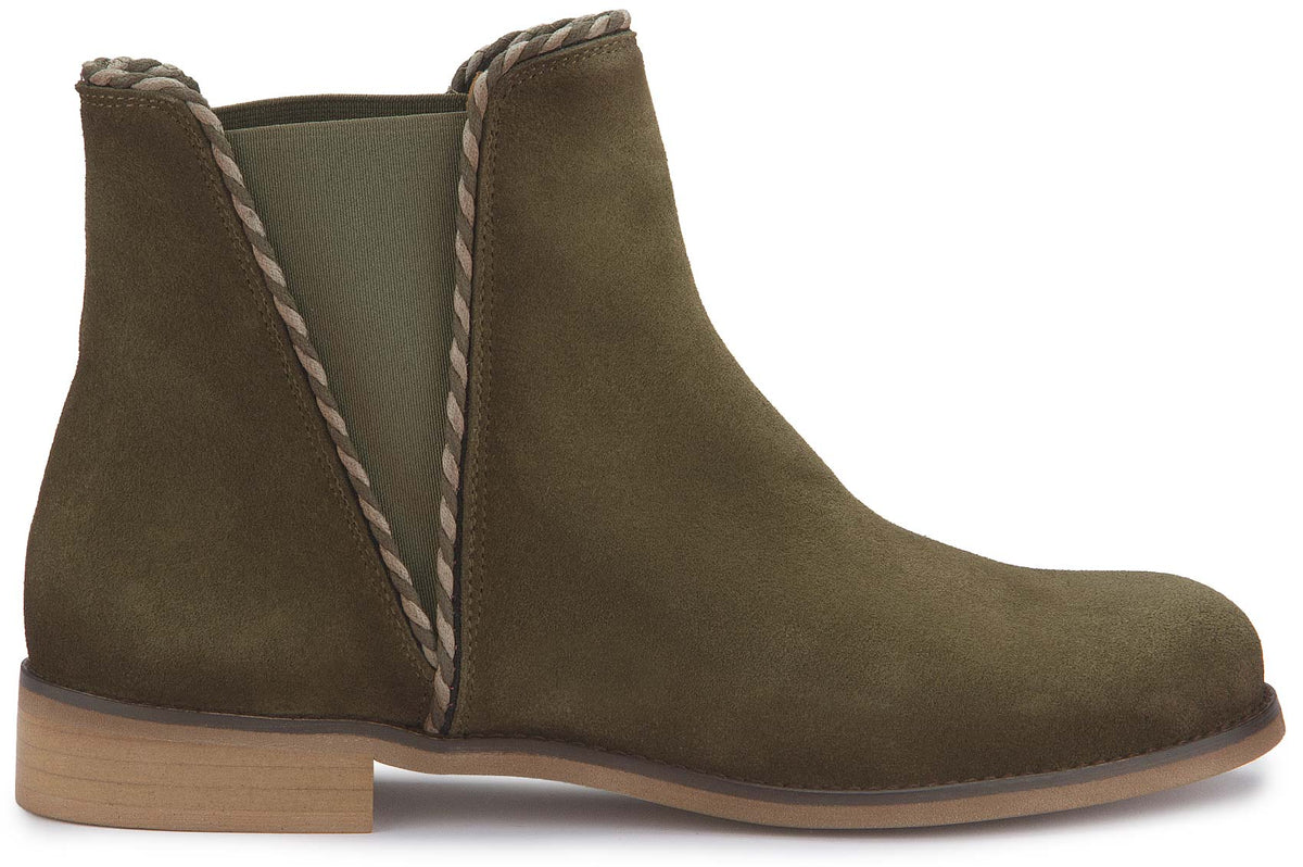 Stiefeletten in Khaki Rauhleder mit Flechtbesatz, Seitenansicht, Artikel 2610-26