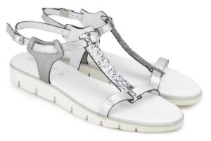 Untergroessen Keil-Sandalen Leder Sohle in Schichtoptik T-Steg in Glitzermaterial Silber