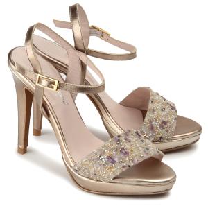 High-Heels Plateau Besatz aus Steinen und Glitzerperlen Goldoptik Gold Multi Untergroesse