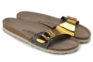 Pantoletten Leder Glitter Metallic-Look 1 Riemen Gold Untergroesse