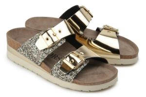 Pantoletten Leder Glitter Metallic-Look 2 Riemen Gold Untergroesse