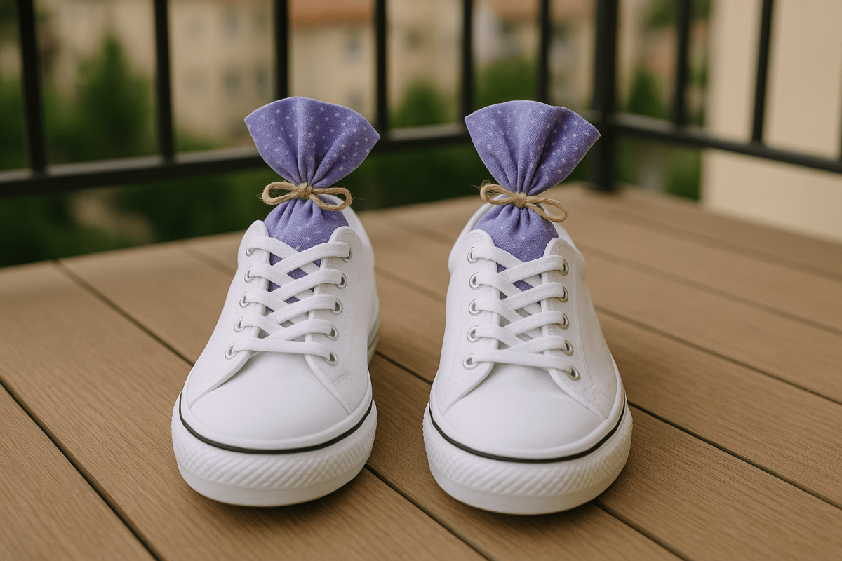 Lavendelsäckchen zur Duftbekämpfung Bild von weißen Sneakern auf Balkon mit Lavendelsäckchen