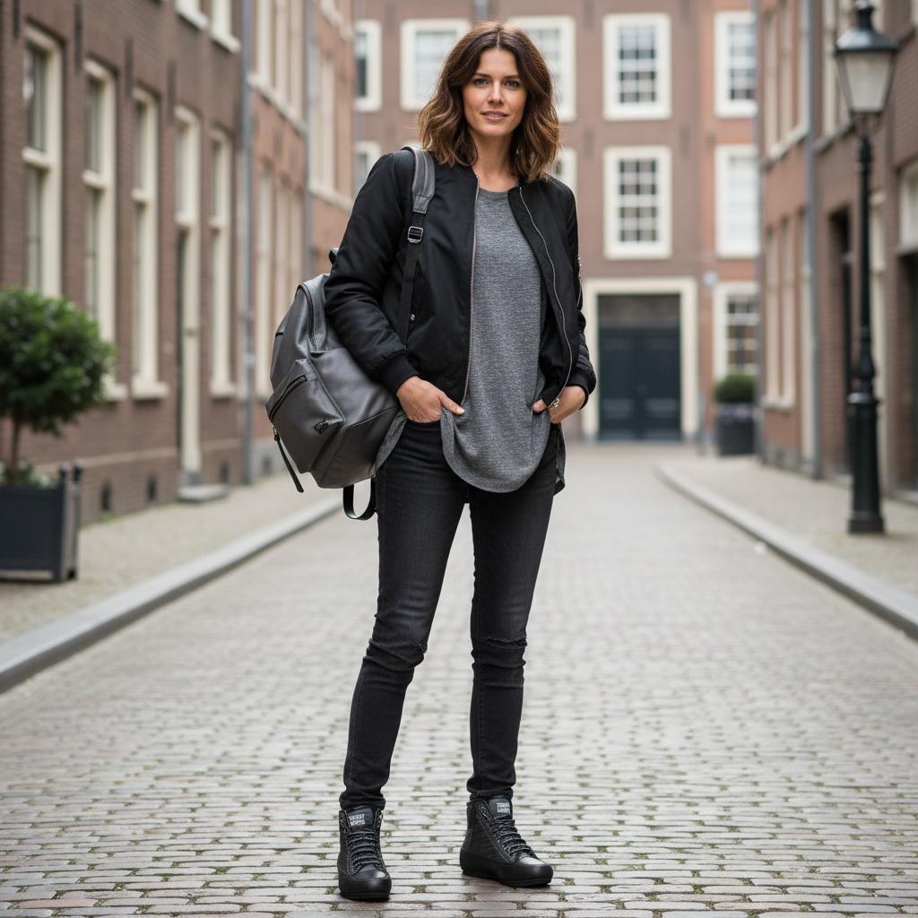 Frau trägt lässiges Outfit mit dunklen Jeans, einem grauem Pullover und einer passenden Jacke. Dazu trägt sie Candice Cooper high-Top Sneaker