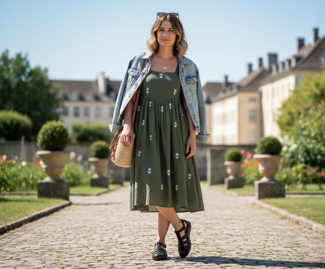 Frau trägt schwarze Candice Cooper Sandalen mit dunkelgrünem Sommerkleid und hat eine Jeansjacke über die Schultern geworfen