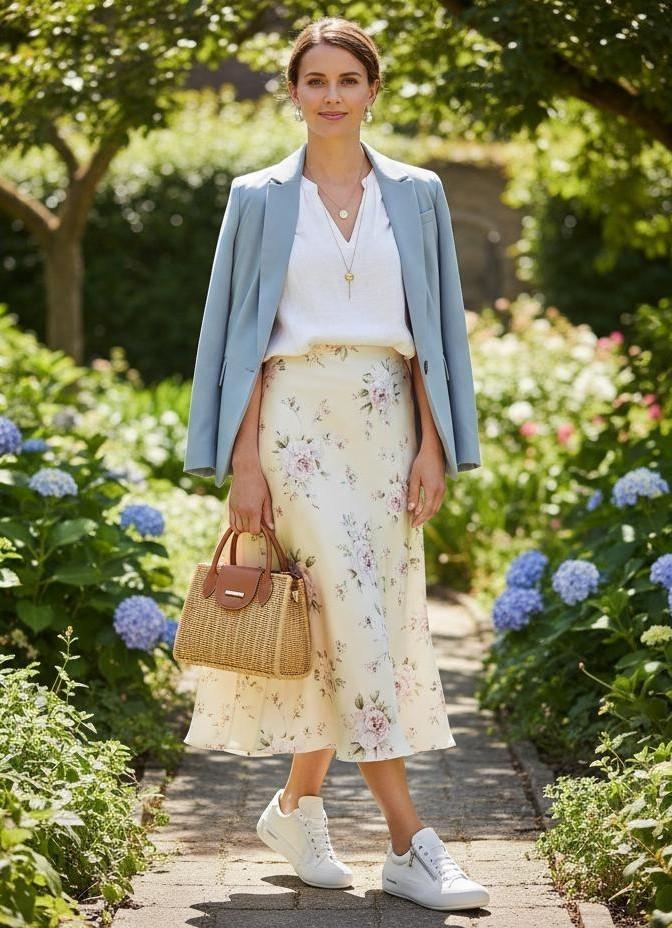 Frau steht im Grünen mit hellgelbem Rock, weißer Bluse und blauem Blazer. Dazu trägt sie weiße Candice Cooper Sneaker.