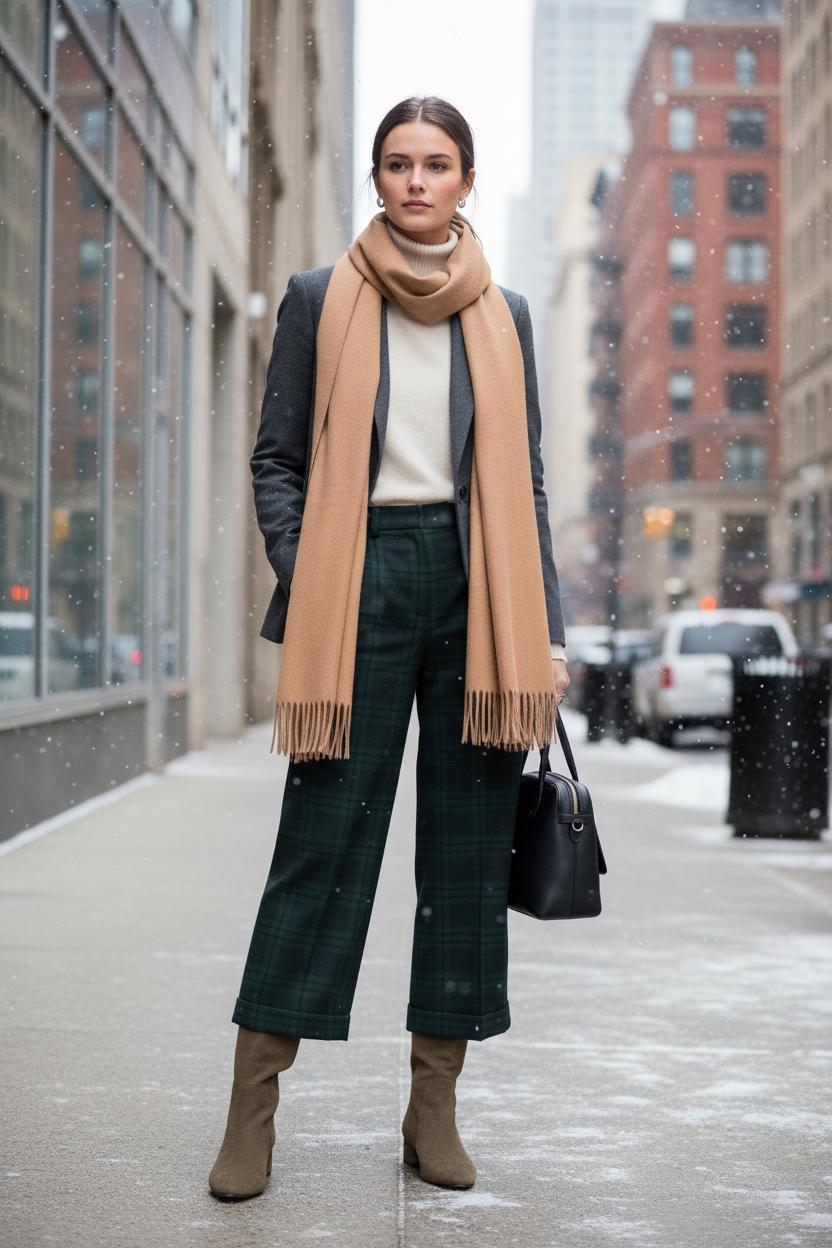 Bariello Stiefel in Übergrößen - Junge Frau trägt winterliches Business-Outfit mit hellem Pullover, grauem Jacket, dunkelgrüner Hose und bräunlichen Stiefeln.