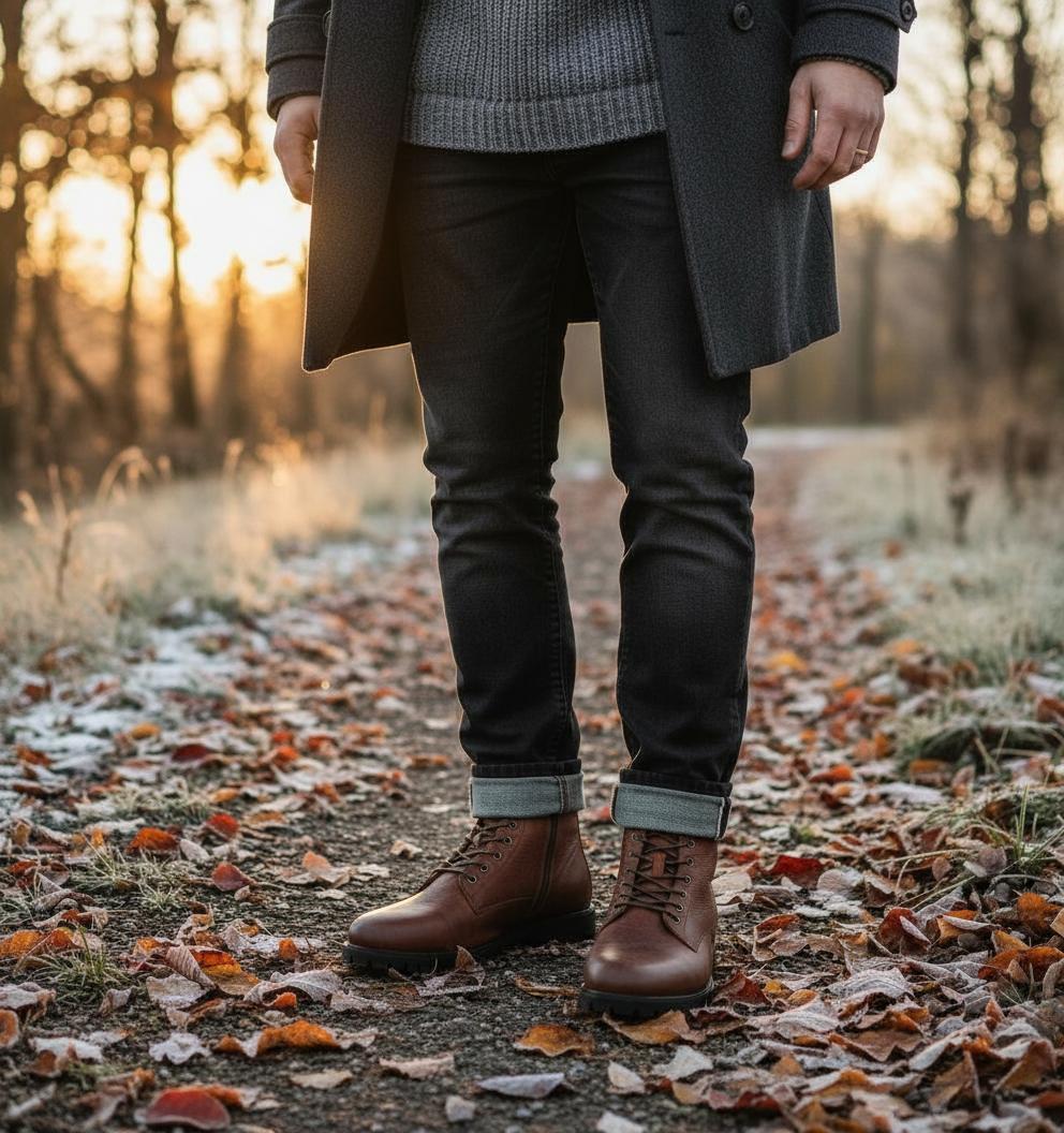 Mann trägt braune Boots mit dunkler Jeans, dickem Pullover und Mantel in winterlichem Wald.